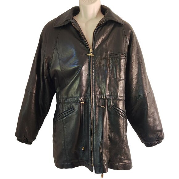 Vintage Womens Damselle Leather Jacket Medium Black Soft Genuine Cinched Waist - Picture 1 of 5